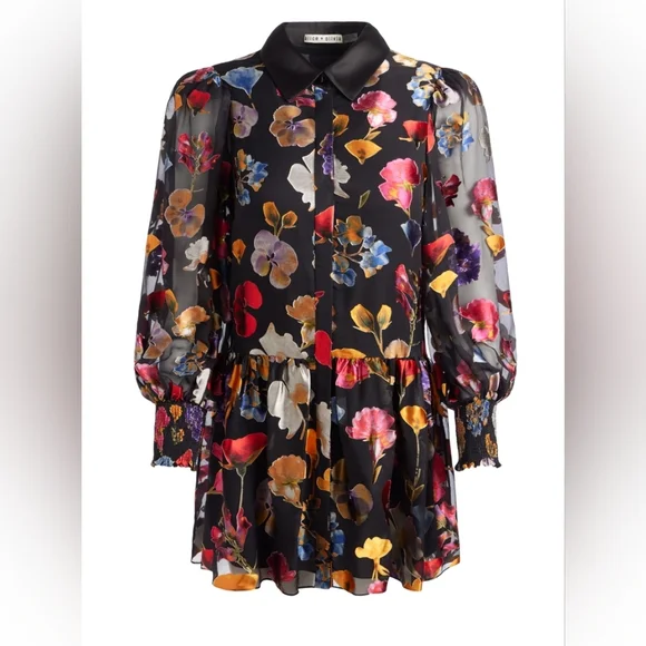 Alice + Olivia Multicolor Floral Long Sleeve BERTHA MINI SHIRT DRESS